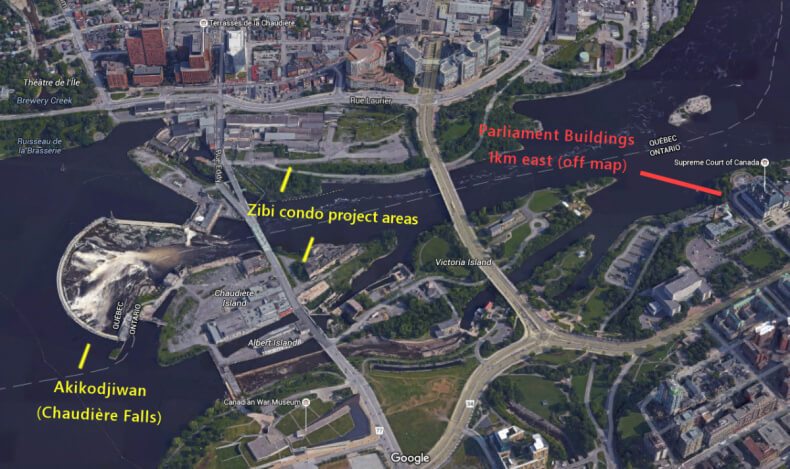 Approx. location of the Zibi condo development project at the sacred Akikodjiwan falls site on the Ottawa River, downtown Ottawa/Gatineau (Map: Google Maps)